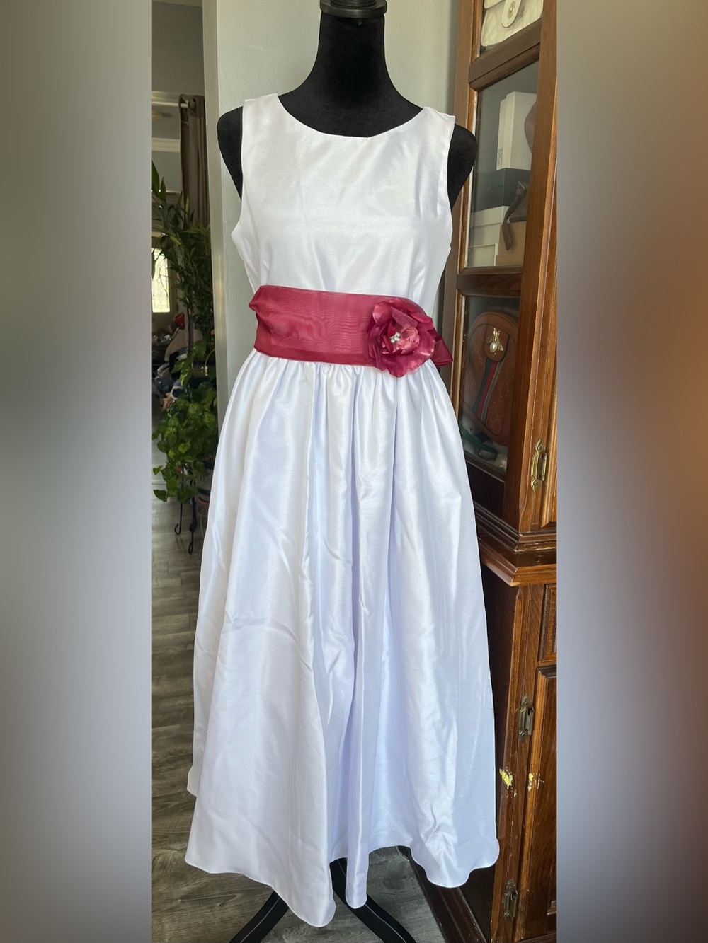 White Satin Girls' Formal Dress with Burgundy Sash and Flower